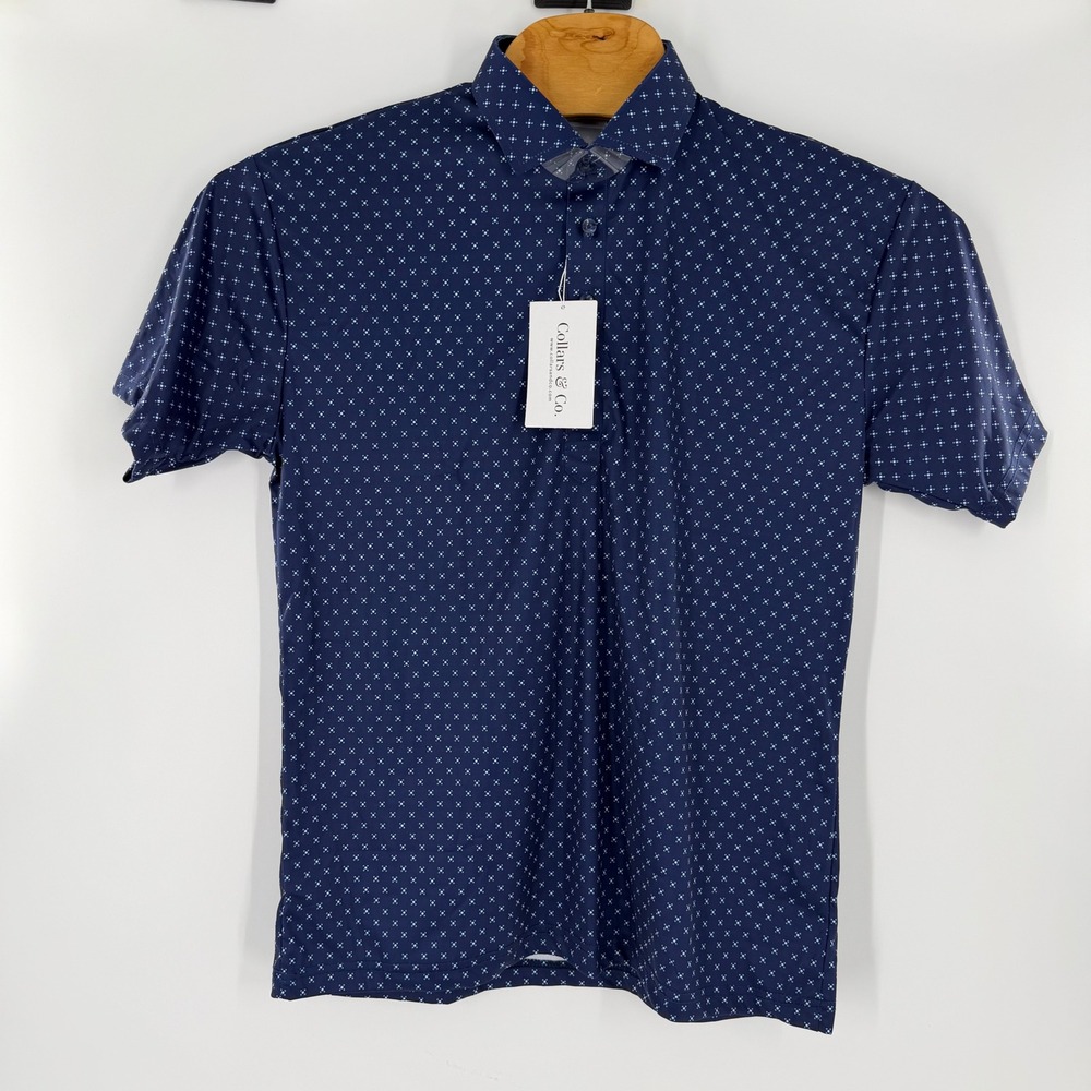 Collars & Co Mens Dress Collar Polo Navy Blue Geometric Print Stretch Size Large